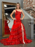 Andrea |Sheath One Shoulder Tiered Lace Long Prom Dress - KissProm