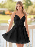 Anisia | A - Line Spaghetti - Straps Sky Blue Lace Homecoming Dress With Appliques - KissProm
