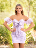 Anne |Sheath Sweetheart Lace Bow Short Homecoming Dress with Puff Sleeves - KissProm