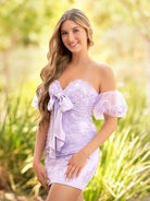 Anne |Sheath Sweetheart Lace Bow Short Homecoming Dress with Puff Sleeves - KissProm