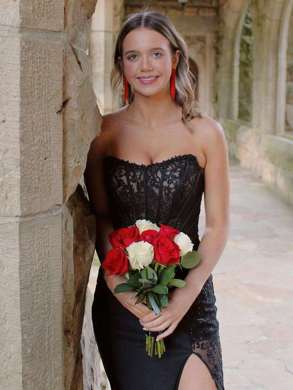Mermaid Strapless Black Appliques Long Prom Dress with Slit