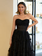 Arcanae | Black Strapless Tulle A Line Lone Prom Dress - KissProm