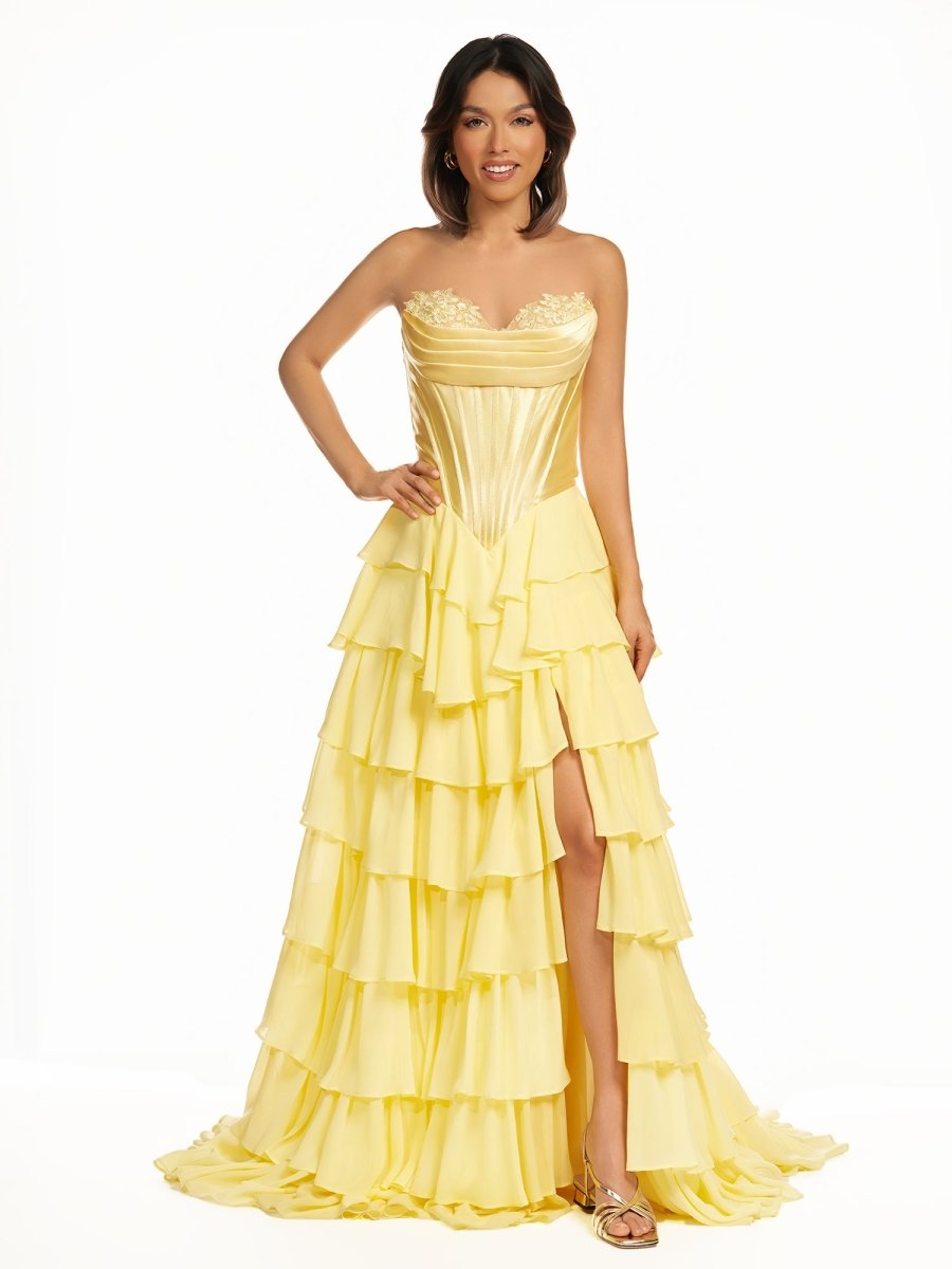 Ardea | Strapless A - Line Ruffle Long Prom Dress With Split - KissProm