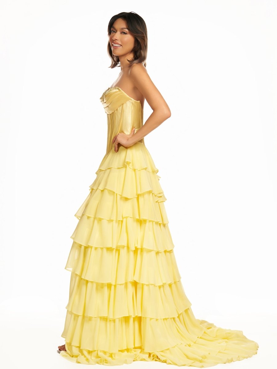 Ardea | Strapless A - Line Ruffle Long Prom Dress With Split - KissProm