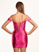 Ariana | Fuchsia Sheath Off the Shoulder Short Satin Homecoming Dress - KissProm