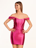 Ariana | Fuchsia Sheath Off the Shoulder Short Satin Homecoming Dress - KissProm