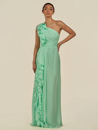 KissDress-Assou Pale Pistachio A Line One Shoulder Chiffon Pleated Ruffles Long Bridesmaid Dress with Slit
