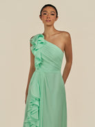 KissDress-Assou Pale Pistachio A Line One Shoulder Chiffon Pleated Ruffles Long Bridesmaid Dress with Slit