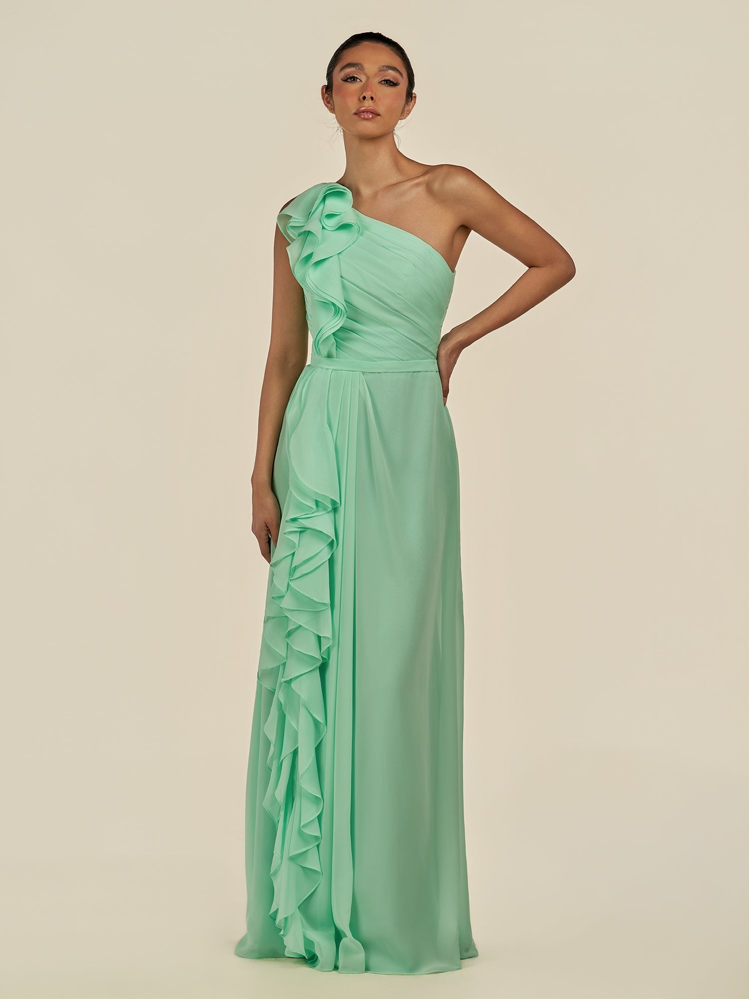 KissDress-Assou Pale Pistachio A Line One Shoulder Chiffon Pleated Ruffles Long Bridesmaid Dress with Slit