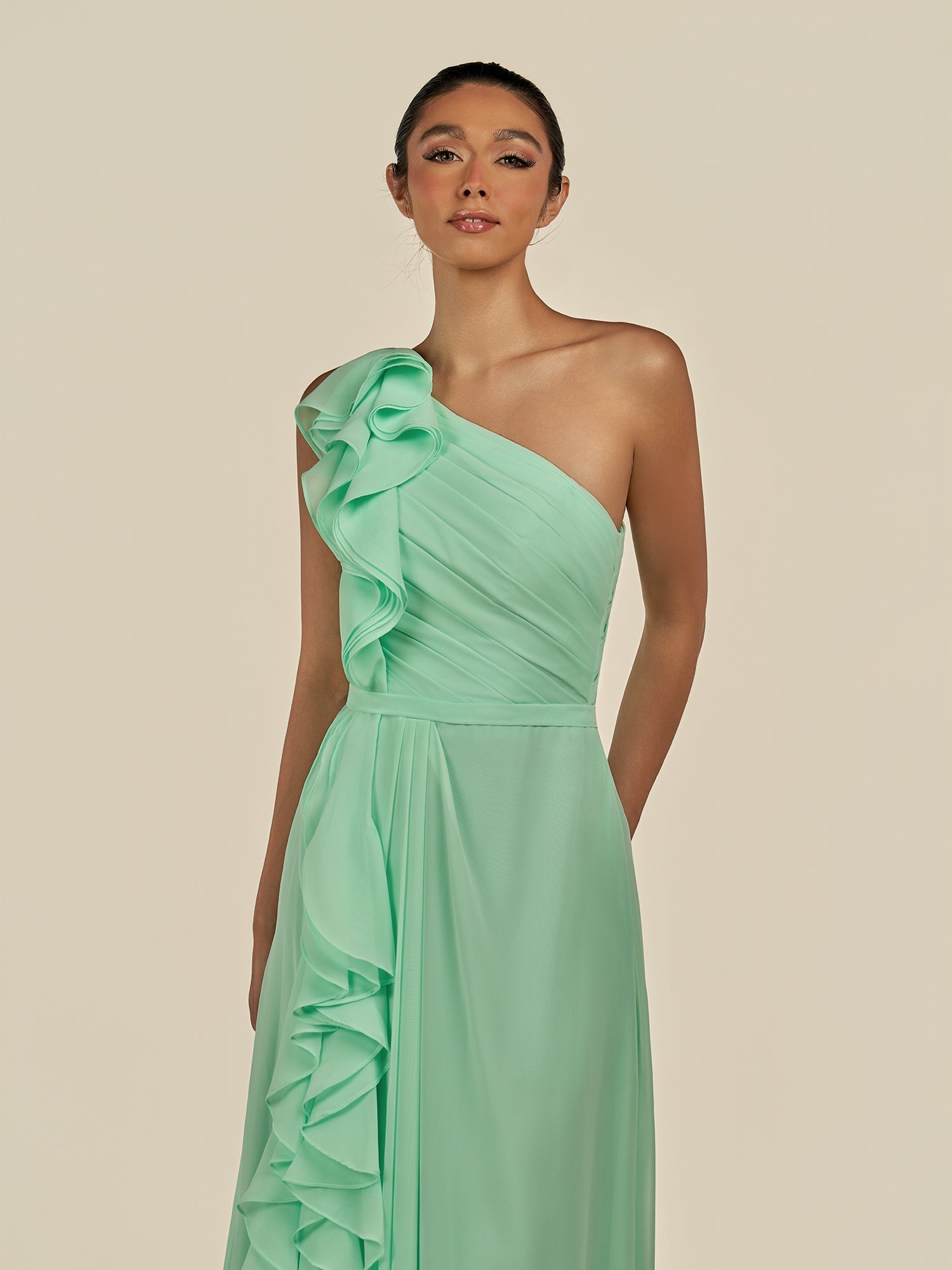 KissDress-Assou Pale Pistachio A Line One Shoulder Chiffon Pleated Ruffles Long Bridesmaid Dress with Slit
