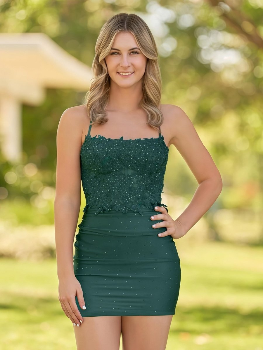Audrey | Bodycon Dark Green Spaghetti Straps Short Homecoming Dress with Appliques - KissProm