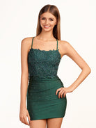 Audrey | Dark Green Bodycon Spaghetti Straps Short Homecoming Dress with Appliques - KissProm