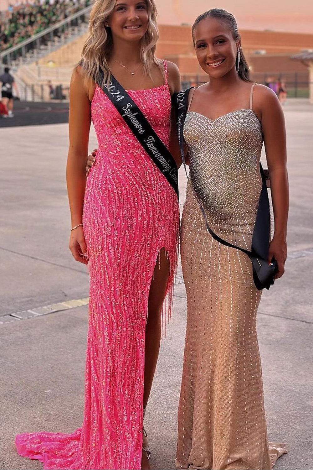 Scoop Neck Hot Pink Mermaid Sequins Long Prom Dresses with Beading