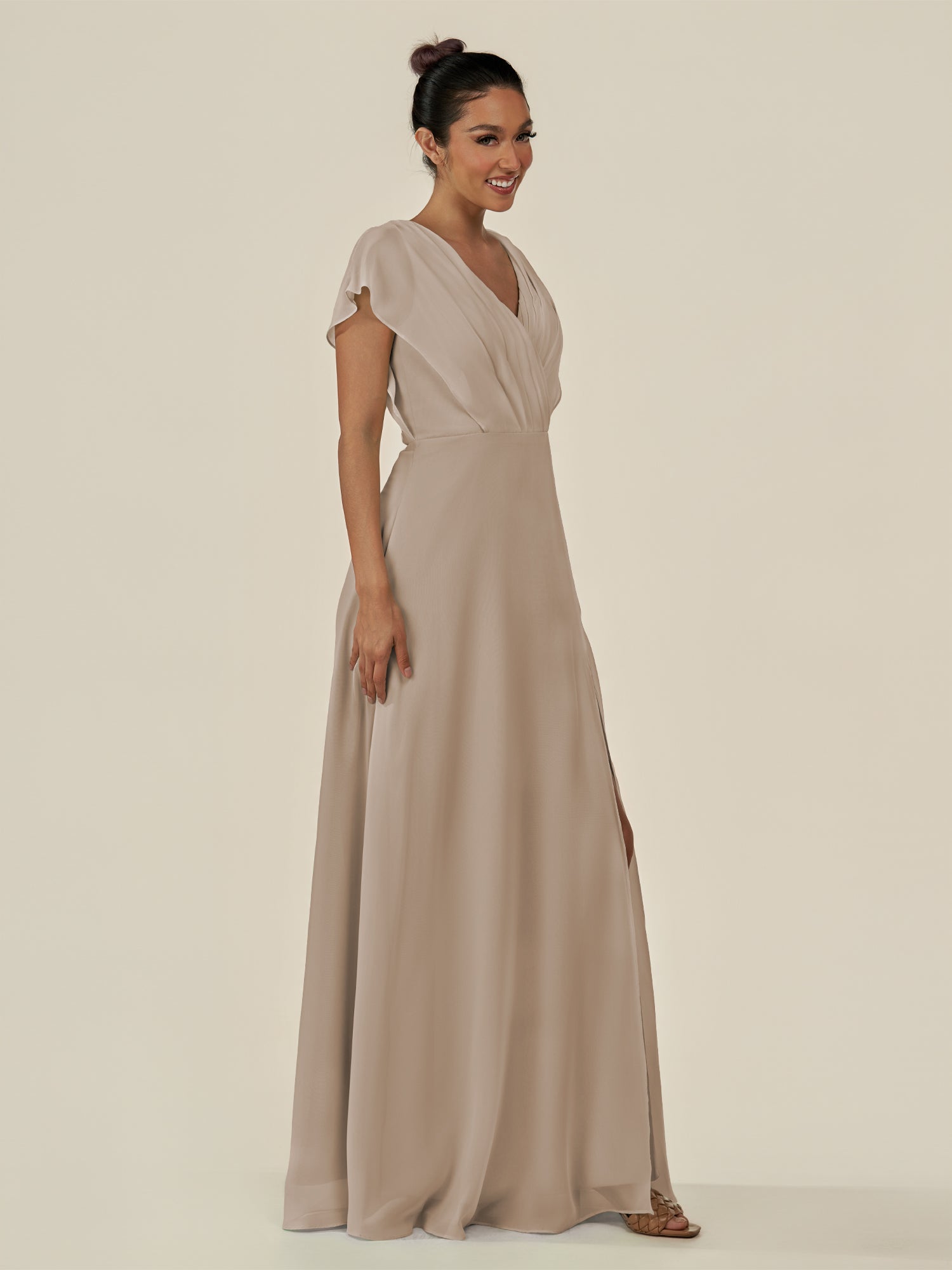 KissDress-Aven Almond A Line Chiffon Cap Sleeves V Neck Pleated Long Bridesmaid Dress with Slit