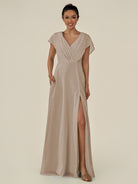 KissDress-Aven Almond A Line Chiffon Cap Sleeves V Neck Pleated Long Bridesmaid Dress with Slit