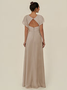 KissDress-Aven Almond A Line Chiffon Cap Sleeves V Neck Pleated Long Bridesmaid Dress with Slit