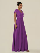 KissDress-Aven Amethyst A Line Chiffon Cap Sleeves V Neck Pleated Long Bridesmaid Dress with Slit