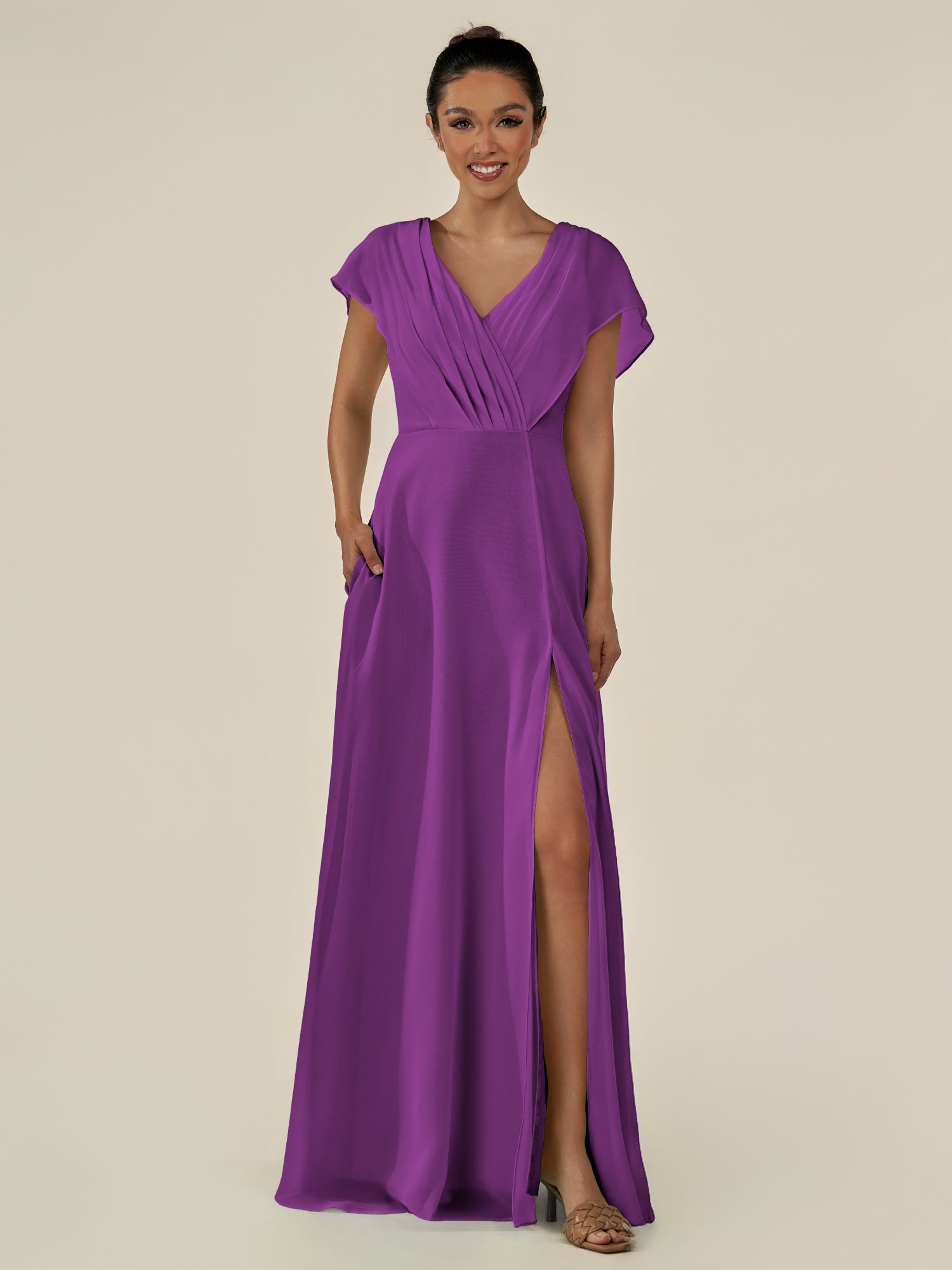 KissDress-Aven Amethyst A Line Chiffon Cap Sleeves V Neck Pleated Long Bridesmaid Dress with Slit