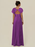 KissDress-Aven Amethyst A Line Chiffon Cap Sleeves V Neck Pleated Long Bridesmaid Dress with Slit