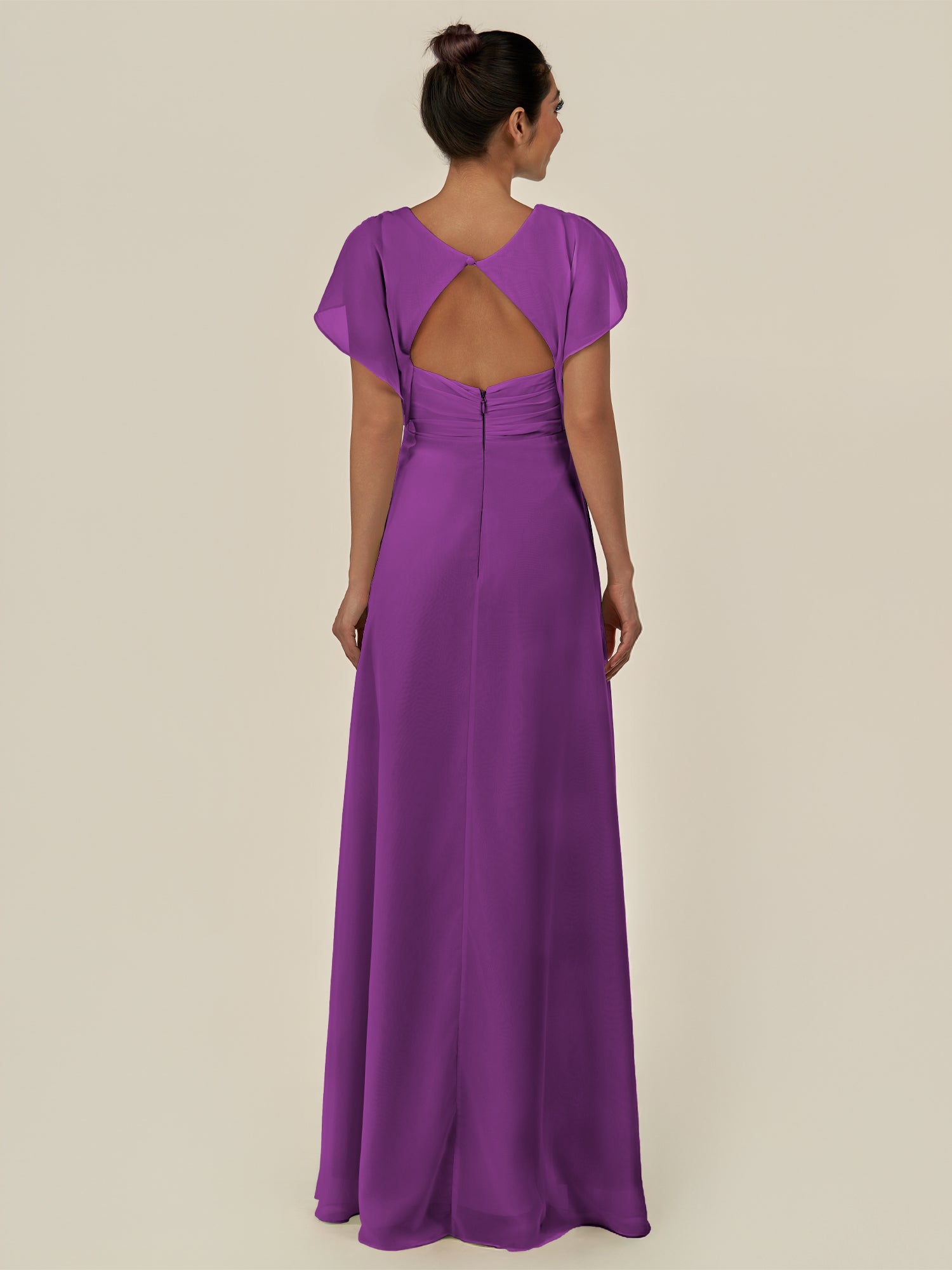 KissDress-Aven Amethyst A Line Chiffon Cap Sleeves V Neck Pleated Long Bridesmaid Dress with Slit