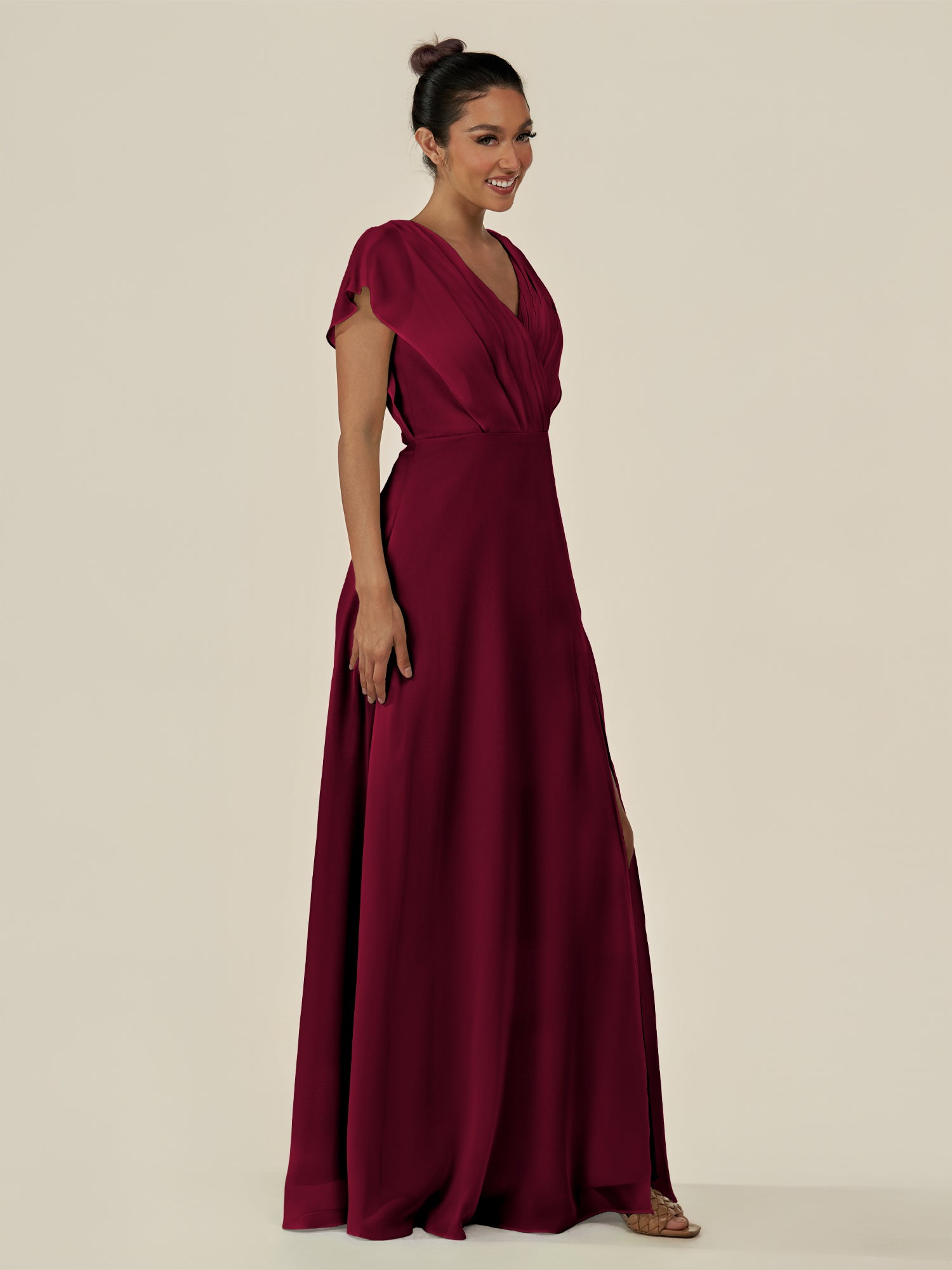 KissDress-Aven Berry A Line Chiffon Cap Sleeves V Neck Pleated Long Bridesmaid Dress with Slit