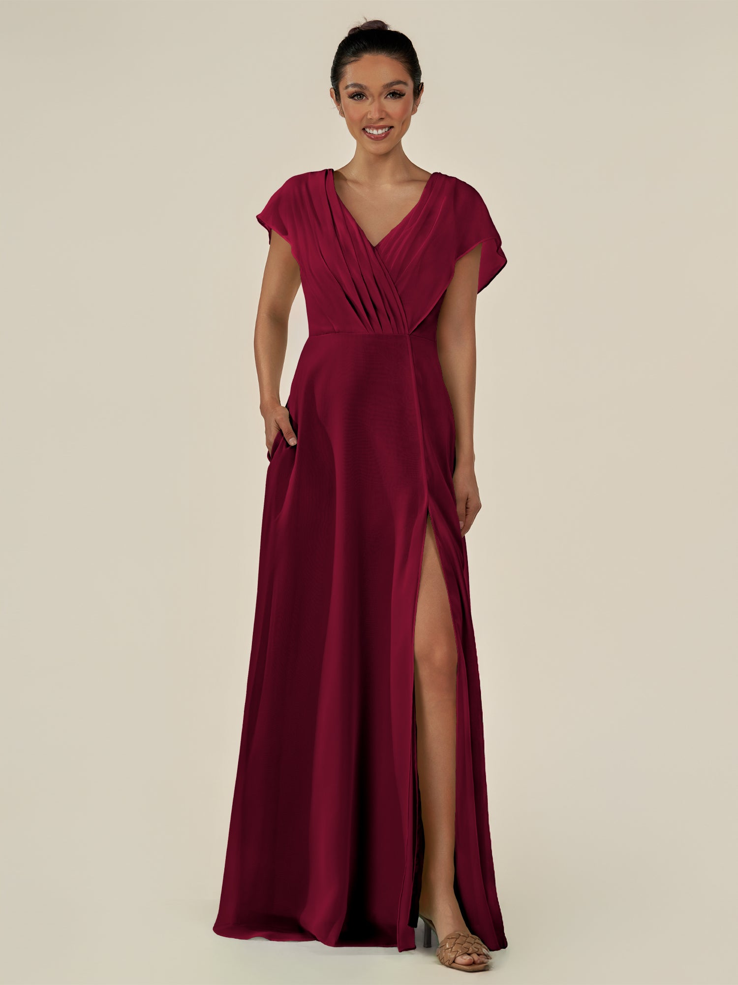 KissDress-Aven Berry A Line Chiffon Cap Sleeves V Neck Pleated Long Bridesmaid Dress with Slit