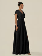 KissDress-Aven Black A Line Chiffon Cap Sleeves V Neck Pleated Long Bridesmaid Dress with Slit