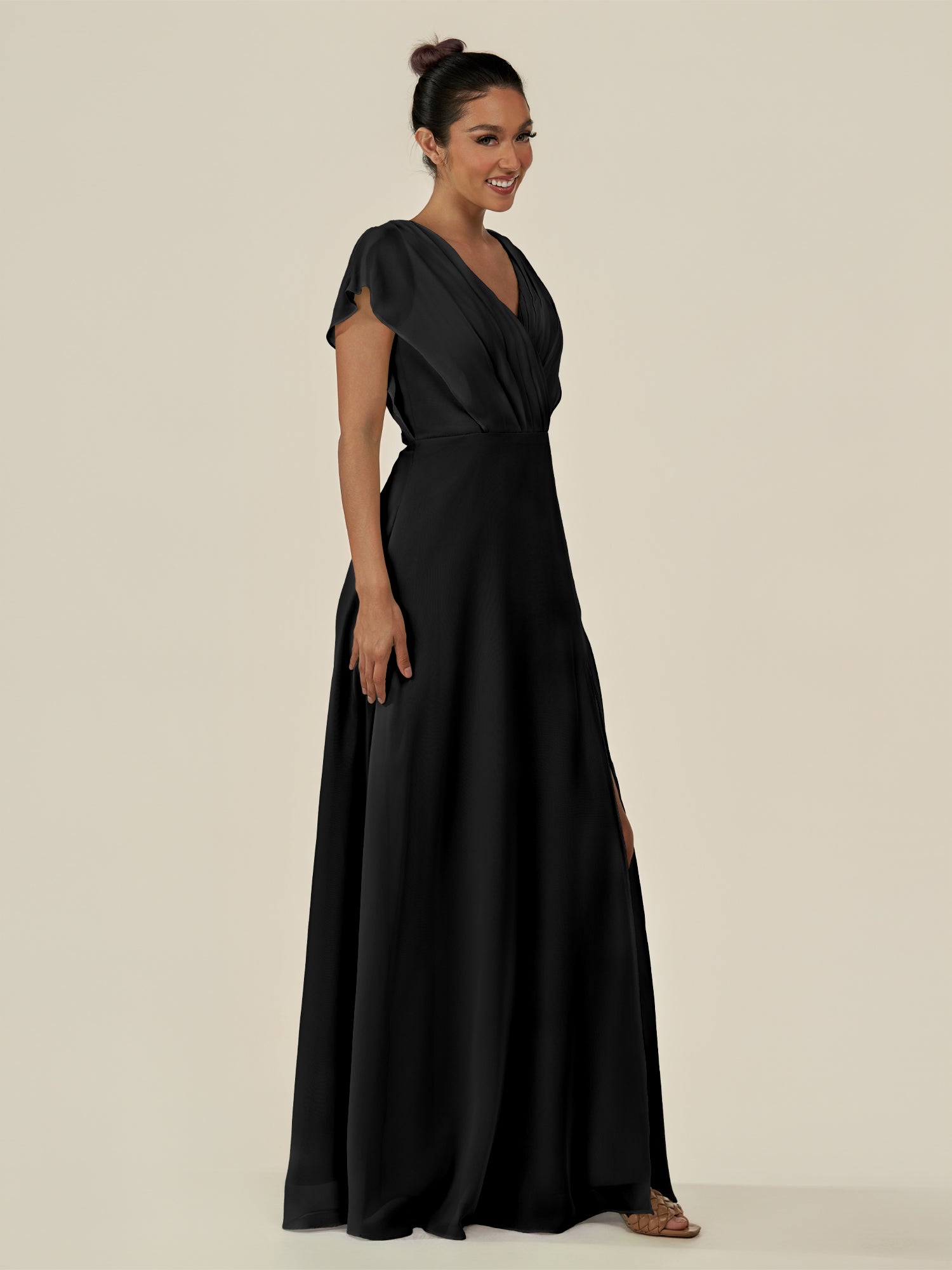 KissDress-Aven Black A Line Chiffon Cap Sleeves V Neck Pleated Long Bridesmaid Dress with Slit
