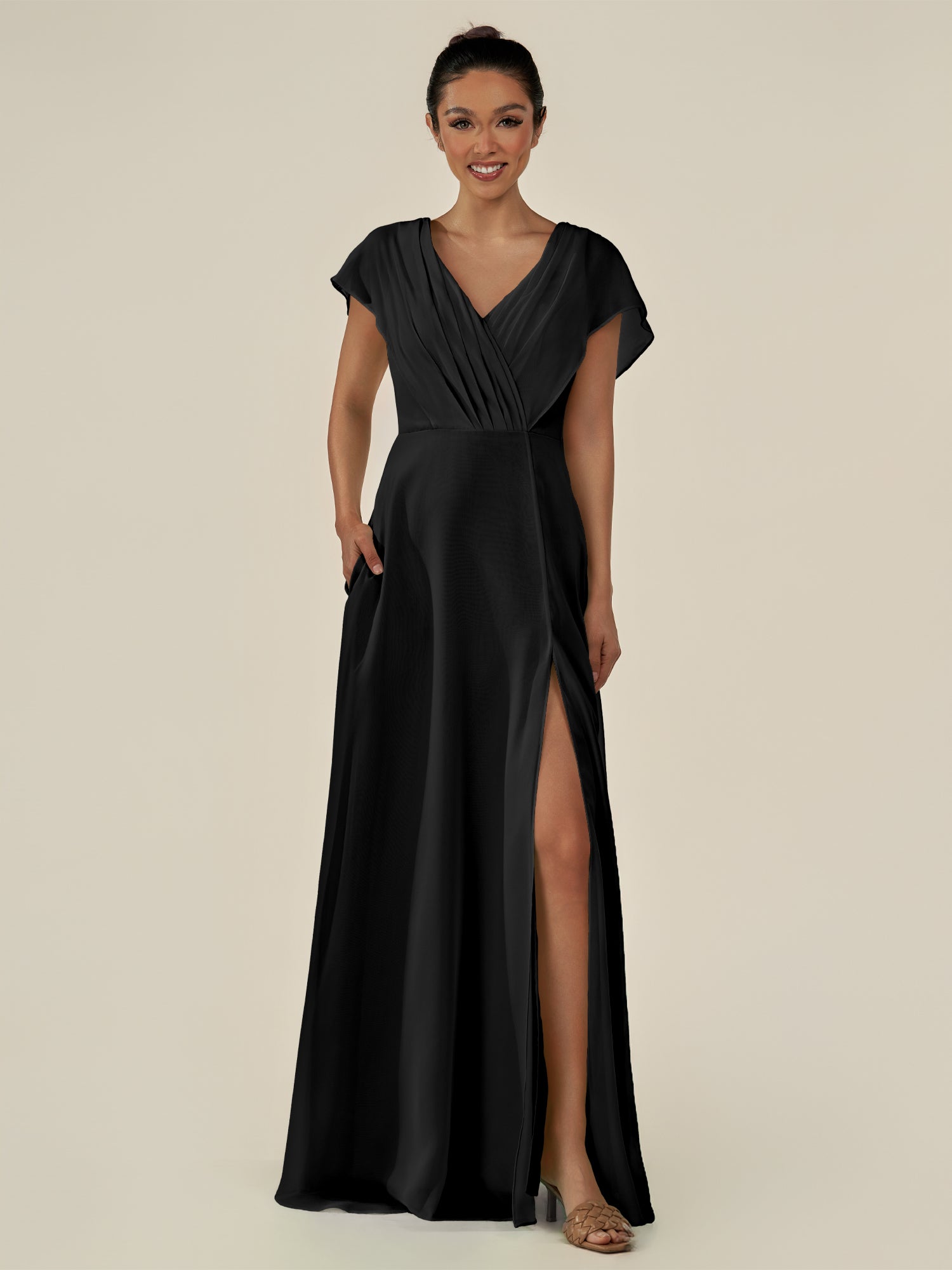 KissDress-Aven Black A Line Chiffon Cap Sleeves V Neck Pleated Long Bridesmaid Dress with Slit