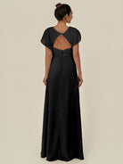 KissDress-Aven Black A Line Chiffon Cap Sleeves V Neck Pleated Long Bridesmaid Dress with Slit