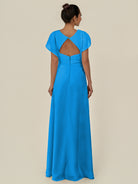 KissDress-Aven Blue Jay A Line Chiffon Cap Sleeves V Neck Pleated Long Bridesmaid Dress with Slit
