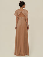 KissDress-Aven Bronzer A Line Chiffon Cap Sleeves V Neck Pleated Long Bridesmaid Dress with Slit