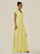 KissDress-Aven Buttercup A Line Chiffon Cap Sleeves V Neck Pleated Long Bridesmaid Dress with Slit