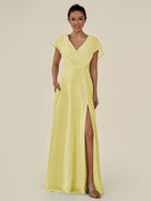 KissDress-Aven Buttercup A Line Chiffon Cap Sleeves V Neck Pleated Long Bridesmaid Dress with Slit