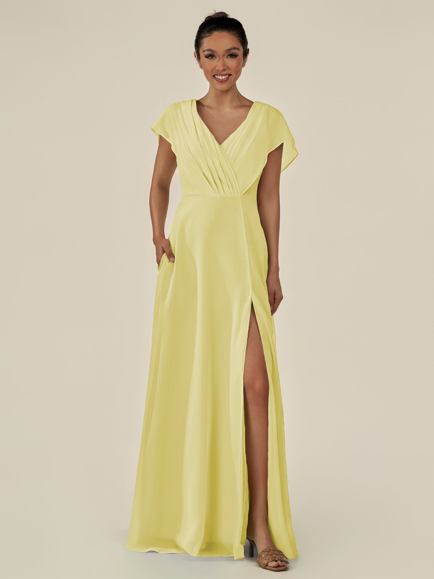 KissDress-Aven Buttercup A Line Chiffon Cap Sleeves V Neck Pleated Long Bridesmaid Dress with Slit
