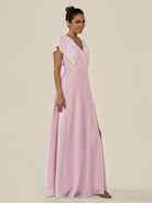 KissDress-Aven Candy Pink A Line Chiffon Cap Sleeves V Neck Pleated Long Bridesmaid Dress with Slit