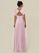 KissDress-Aven Candy Pink A Line Chiffon Cap Sleeves V Neck Pleated Long Bridesmaid Dress with Slit