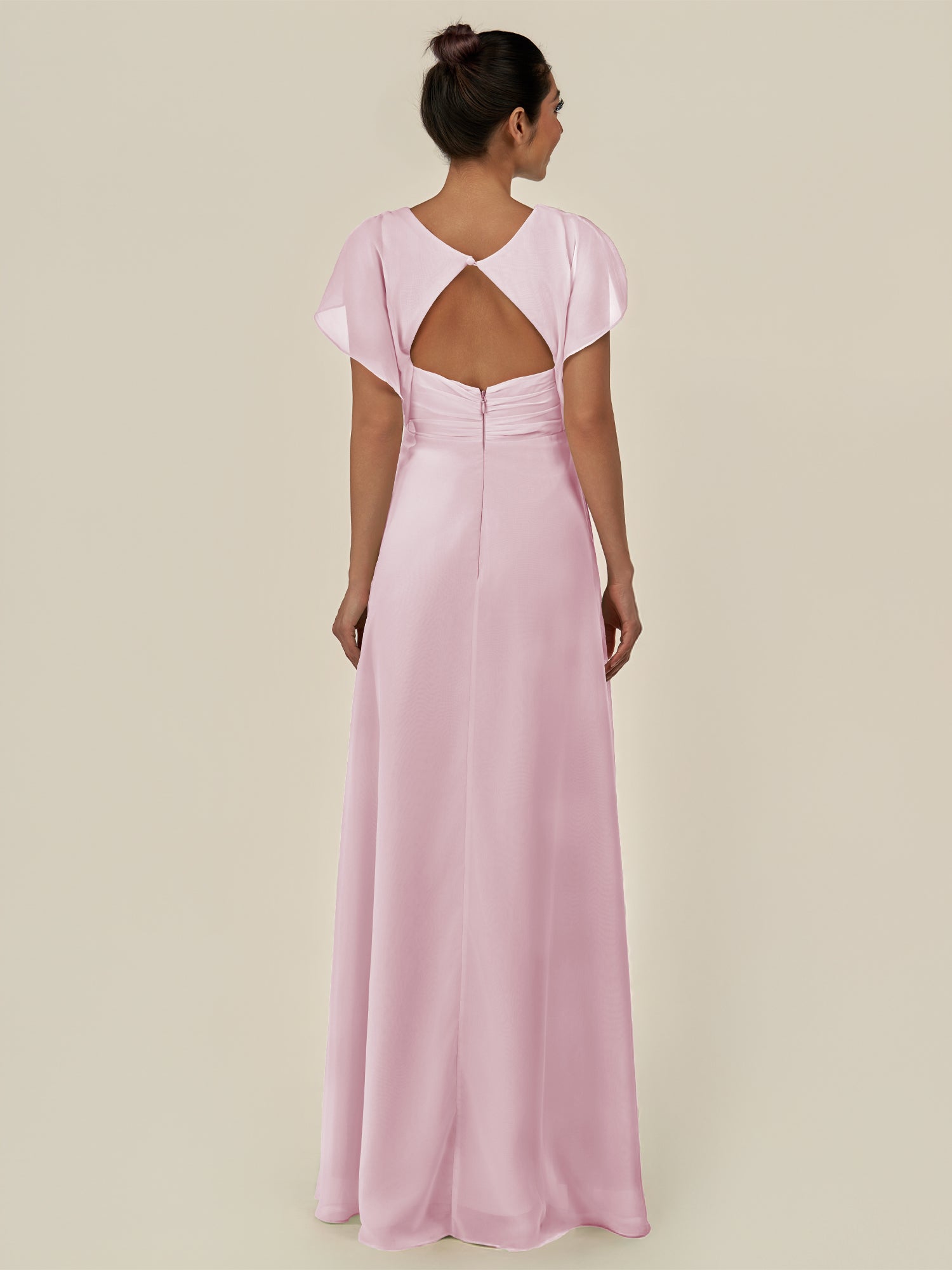 KissDress-Aven Candy Pink A Line Chiffon Cap Sleeves V Neck Pleated Long Bridesmaid Dress with Slit