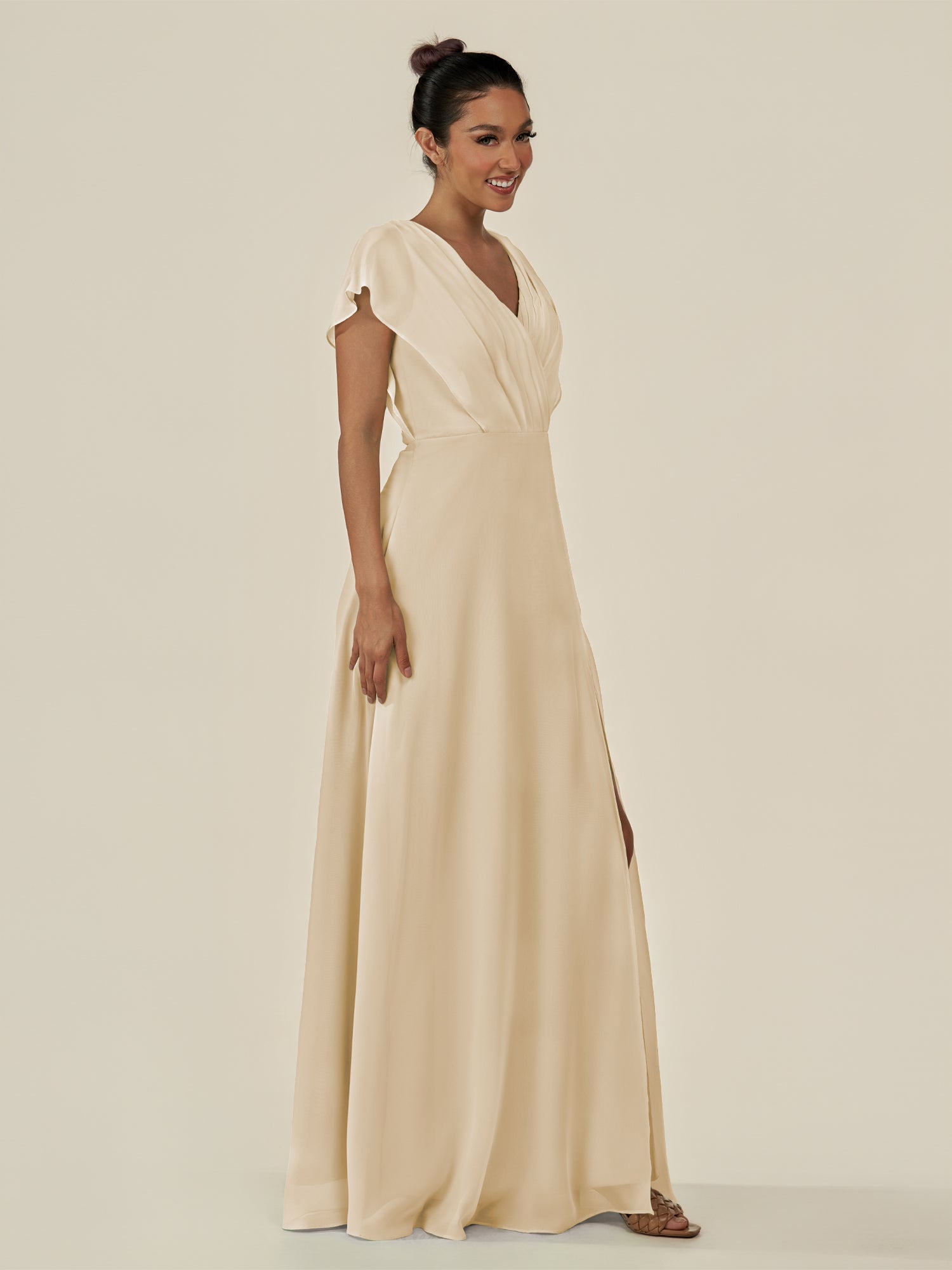 KissDress-Aven Champagne A Line Chiffon Cap Sleeves V Neck Pleated Long Bridesmaid Dress with Slit