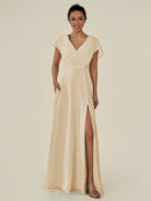 KissDress-Aven Champagne A Line Chiffon Cap Sleeves V Neck Pleated Long Bridesmaid Dress with Slit