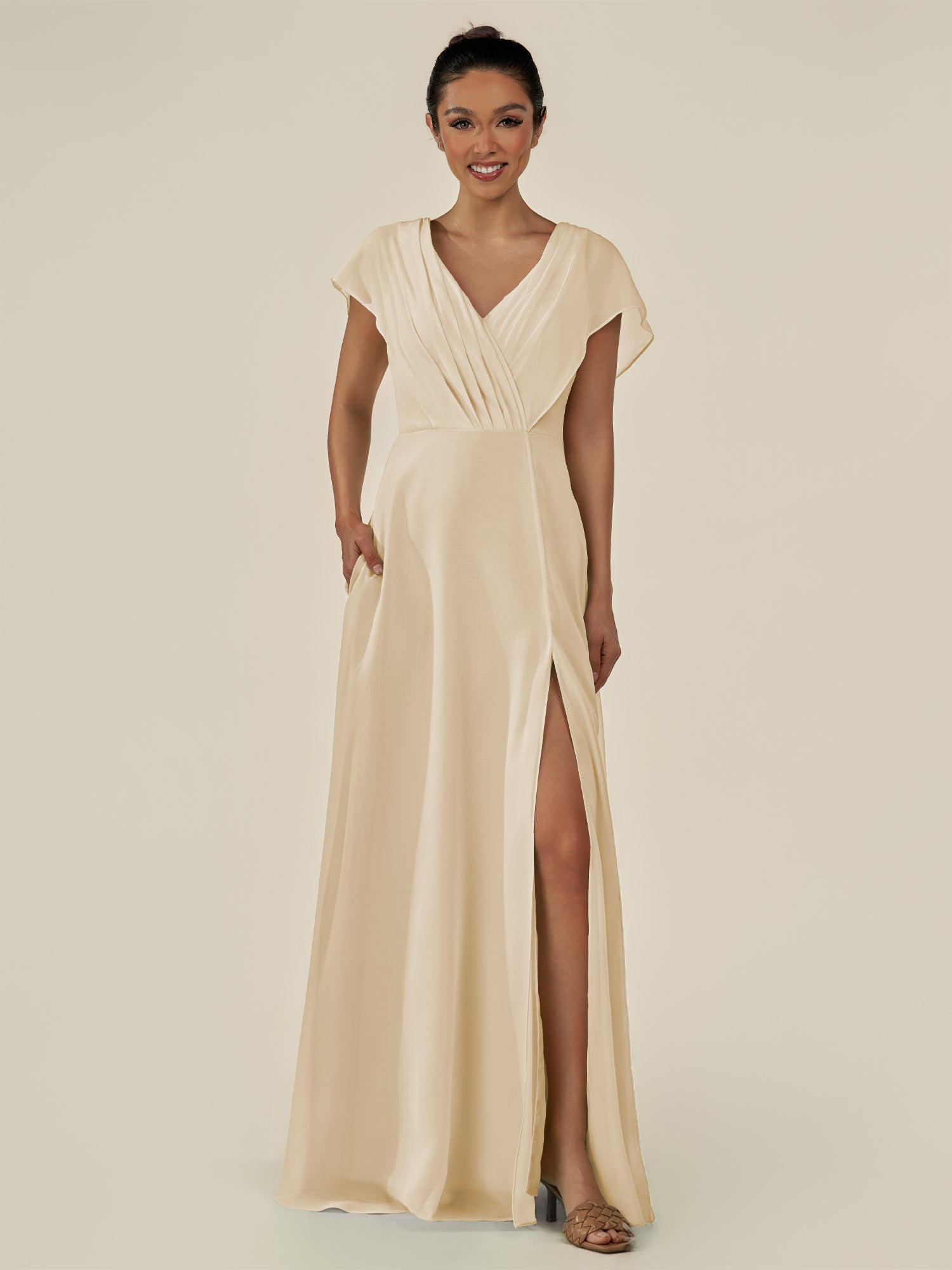 KissDress-Aven Champagne A Line Chiffon Cap Sleeves V Neck Pleated Long Bridesmaid Dress with Slit