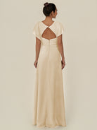 KissDress-Aven Champagne A Line Chiffon Cap Sleeves V Neck Pleated Long Bridesmaid Dress with Slit