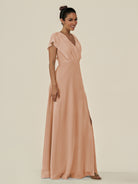 KissDress-Aven Champagne Rose A Line Chiffon Cap Sleeves V Neck Pleated Long Bridesmaid Dress with Slit
