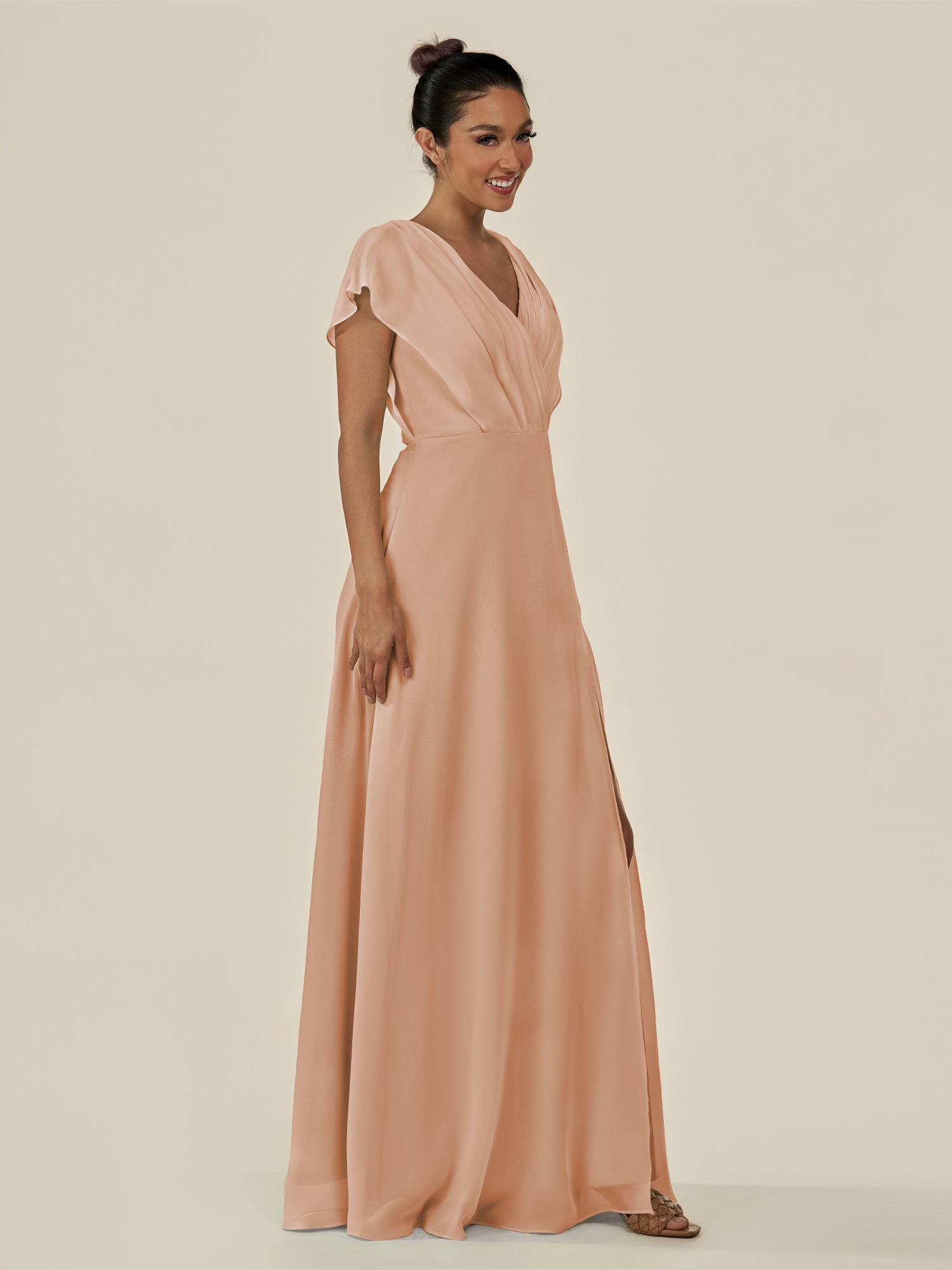 KissDress-Aven Champagne Rose A Line Chiffon Cap Sleeves V Neck Pleated Long Bridesmaid Dress with Slit
