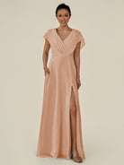 KissDress-Aven Champagne Rose A Line Chiffon Cap Sleeves V Neck Pleated Long Bridesmaid Dress with Slit