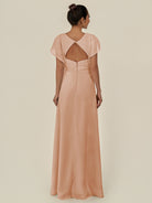 KissDress-Aven Champagne Rose A Line Chiffon Cap Sleeves V Neck Pleated Long Bridesmaid Dress with Slit
