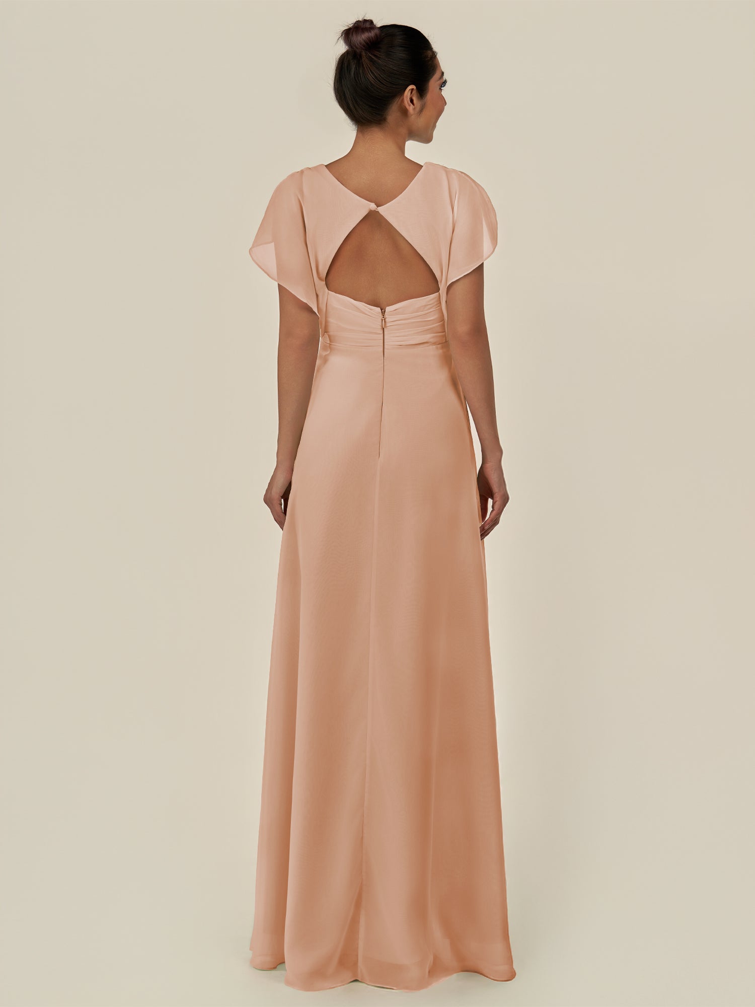 KissDress-Aven Champagne Rose A Line Chiffon Cap Sleeves V Neck Pleated Long Bridesmaid Dress with Slit