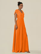 KissDress-Aven Cinnamon A Line Chiffon Cap Sleeves V Neck Pleated Long Bridesmaid Dress with Slit