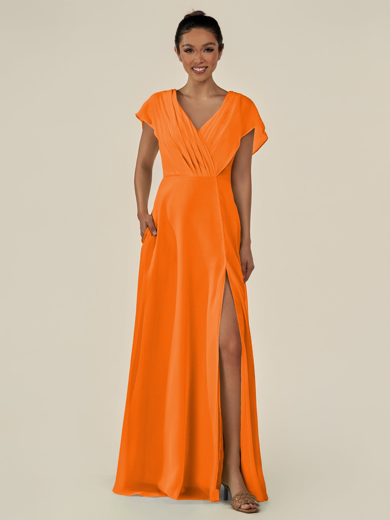 KissDress-Aven Cinnamon A Line Chiffon Cap Sleeves V Neck Pleated Long Bridesmaid Dress with Slit
