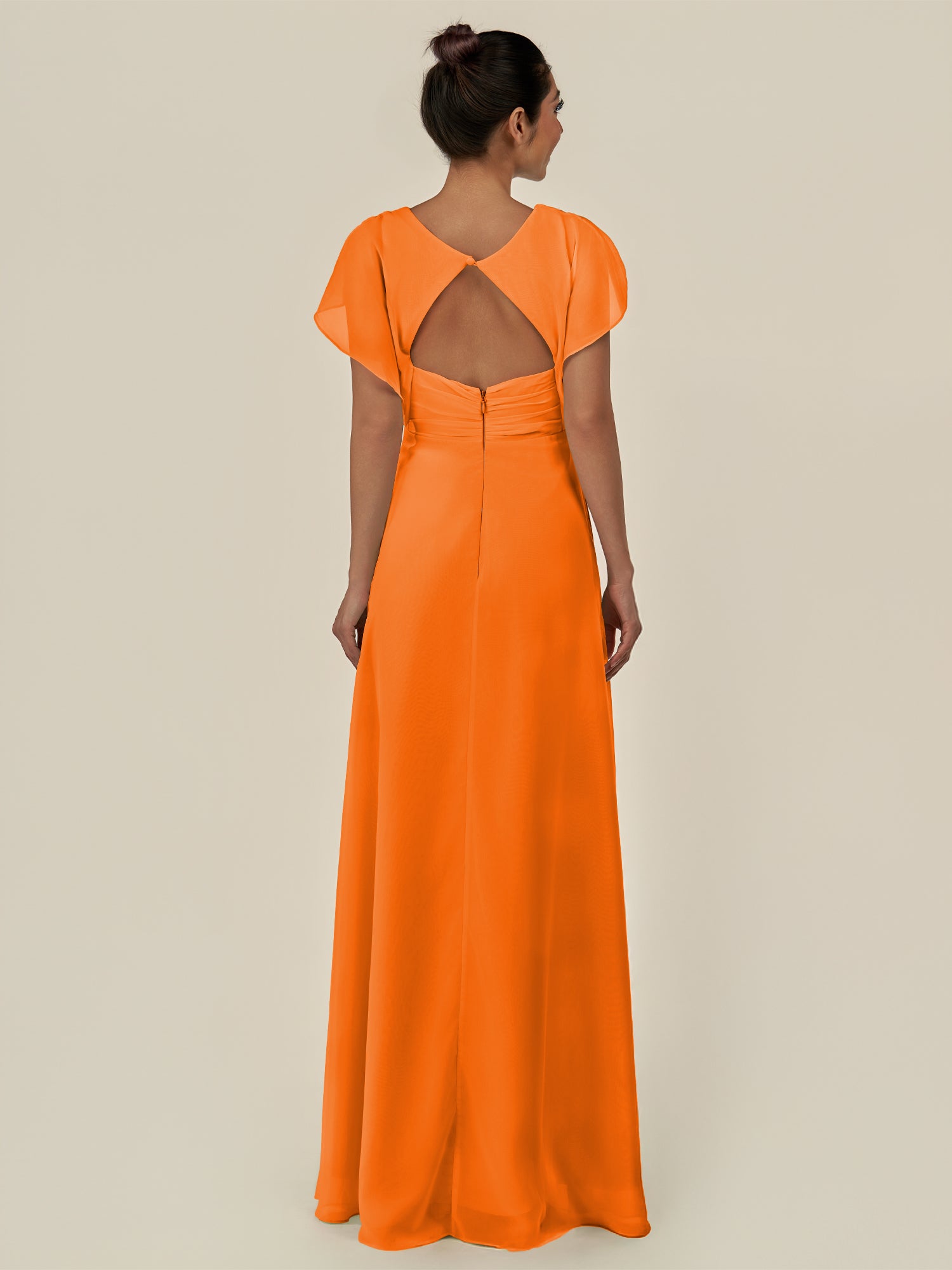 KissDress-Aven Cinnamon A Line Chiffon Cap Sleeves V Neck Pleated Long Bridesmaid Dress with Slit